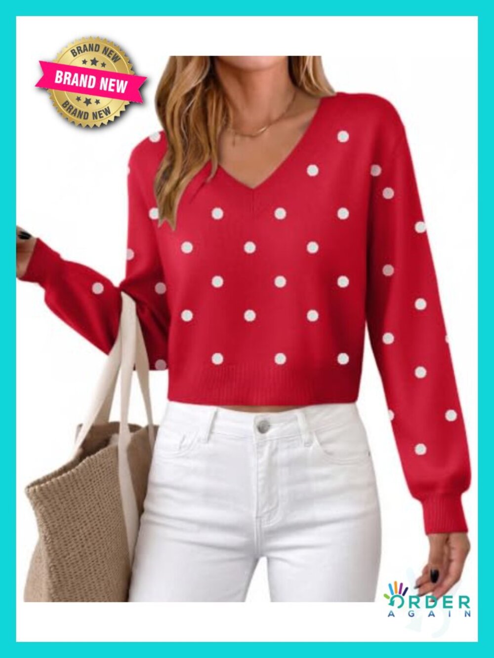 Ribbed V-Neck Cropped Knit Pullover Long Lantern Sleeve Sweater
